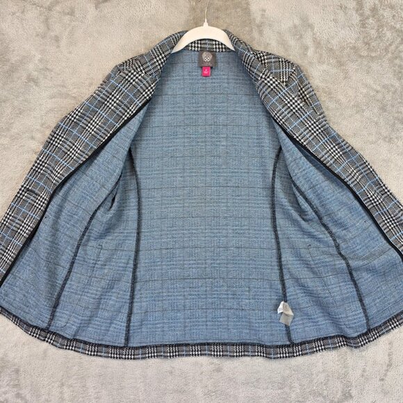 Vince Camuto Blazer Womens 8 Black Blue Plaid Houndstooth One Button Jacket - Picture 10 of 11
